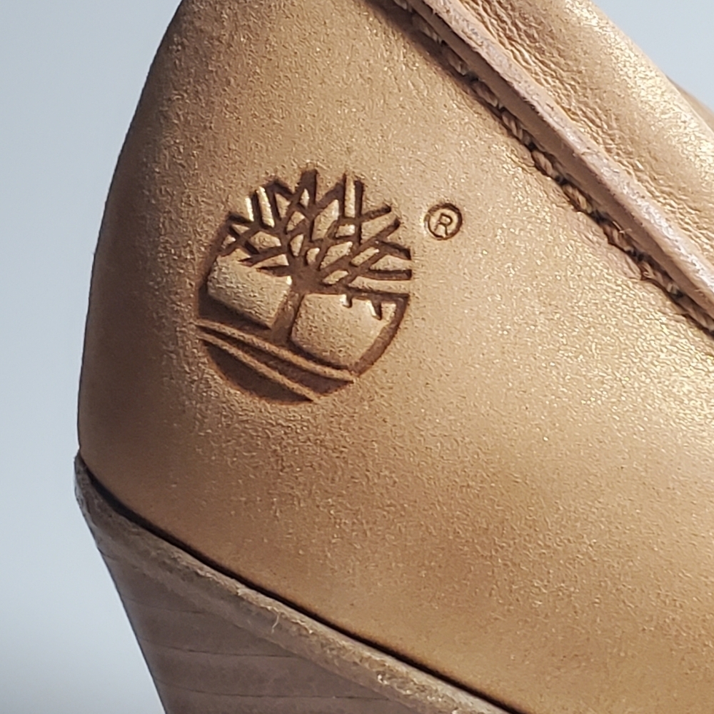 TIMBERLAND Tan Open-toe Stacked Wedge Heels Rubber Sole Leather Upper 7M - NWT - Picture 6 of 16